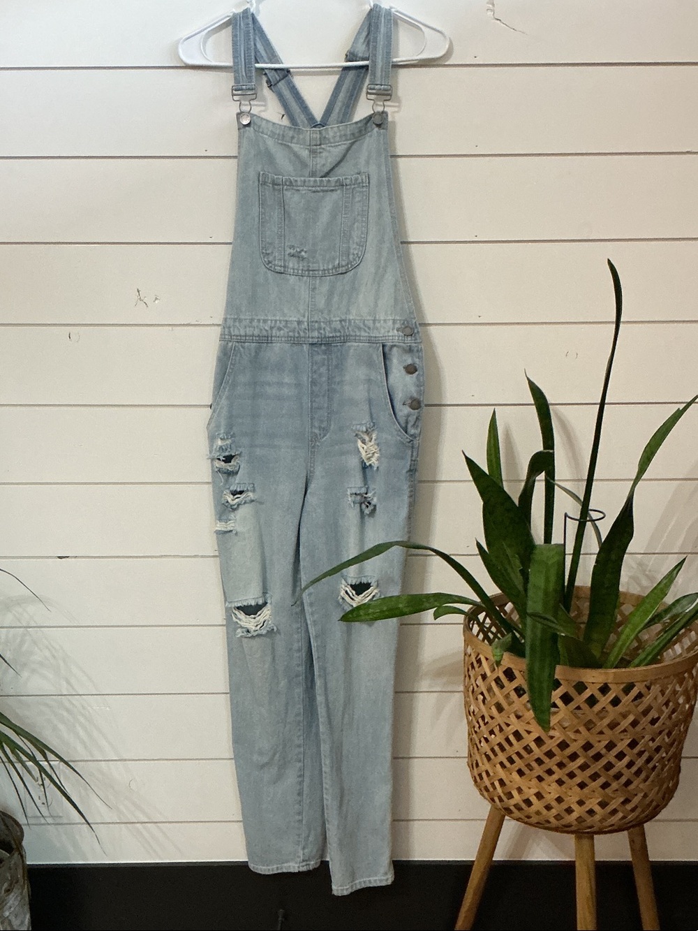 Black Label Light Blue Distressed Denim Overalls
